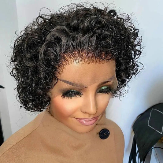 Pixie Cut Wig Colored Lace Wig curl Short Bob Human Hair Cheap Wig 13x1 Lace frontal