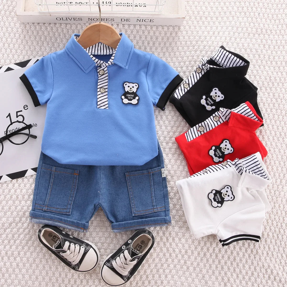 Baby Boys Clothing Sets Korean Style Outfit for Kids Cartoon Short Sleeve Tops+ Denim Shorts Baby Boy Clothes