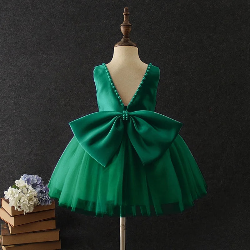 Green Christmas Dress for Girls Toddler Kids 1st Birthday Party Gown Elegant Princess Beaded Backless Baby Girl Wedding Vestidos