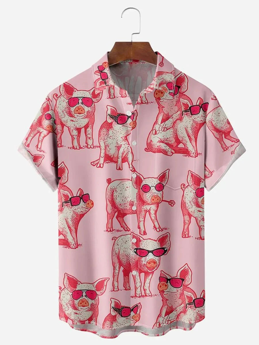 Men's shirt 3D cute pig animal print high-quality men's clothing loose oversized shirt fashionable casual short sleeved