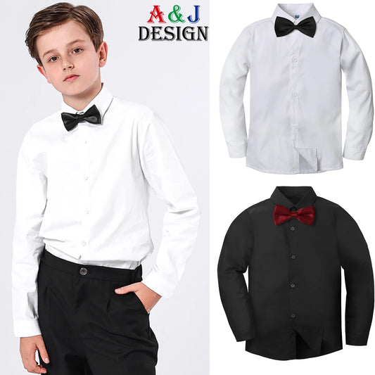 Boys Dress Shirt Kids School Uniform Long Sleeve with Bowtie Formal Gentleman Gift Perform Ceremony Clothes White 6 to 14 years