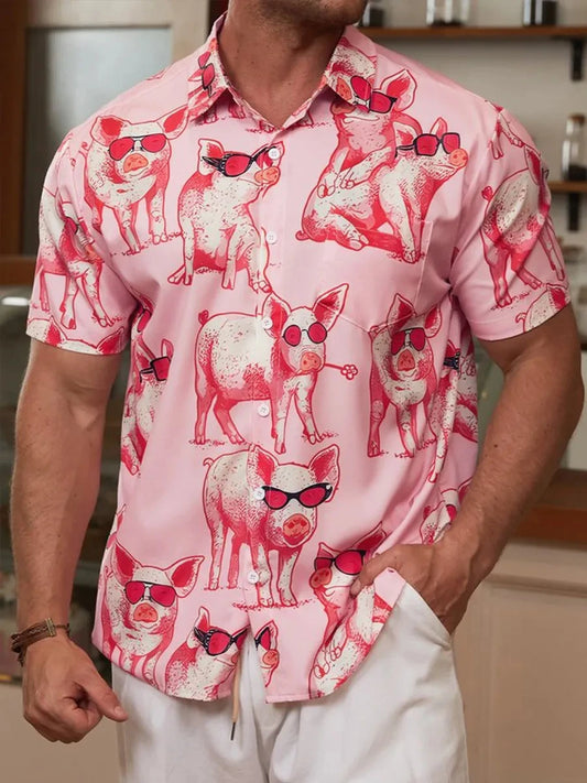 Men's shirt 3D cute pig animal print high-quality men's clothing loose oversized shirt fashionable casual short sleeved