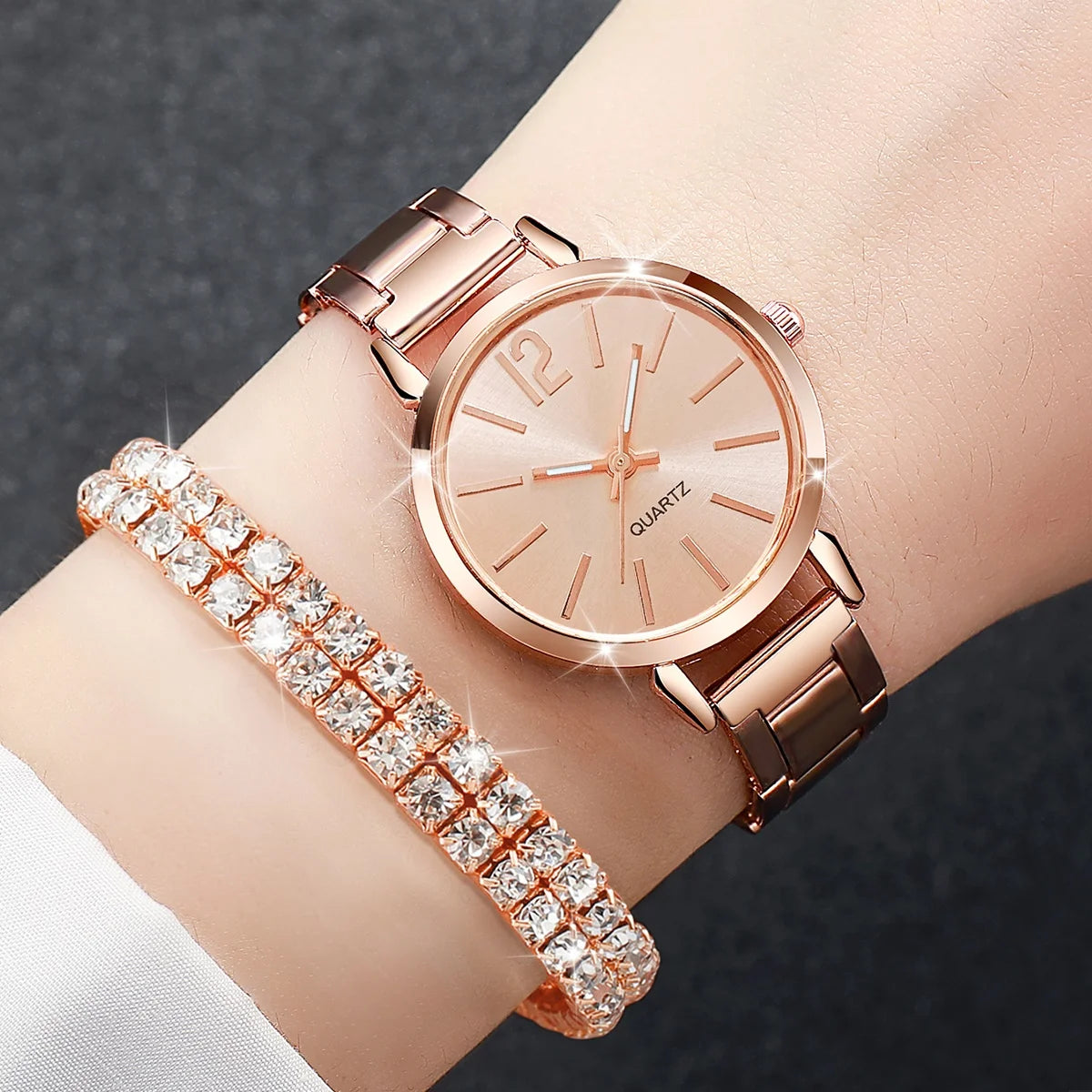 6PCS/Set Women's Watch Fashion Steel Band Quartz Watches Diamond Bracelets Set(Without Box)