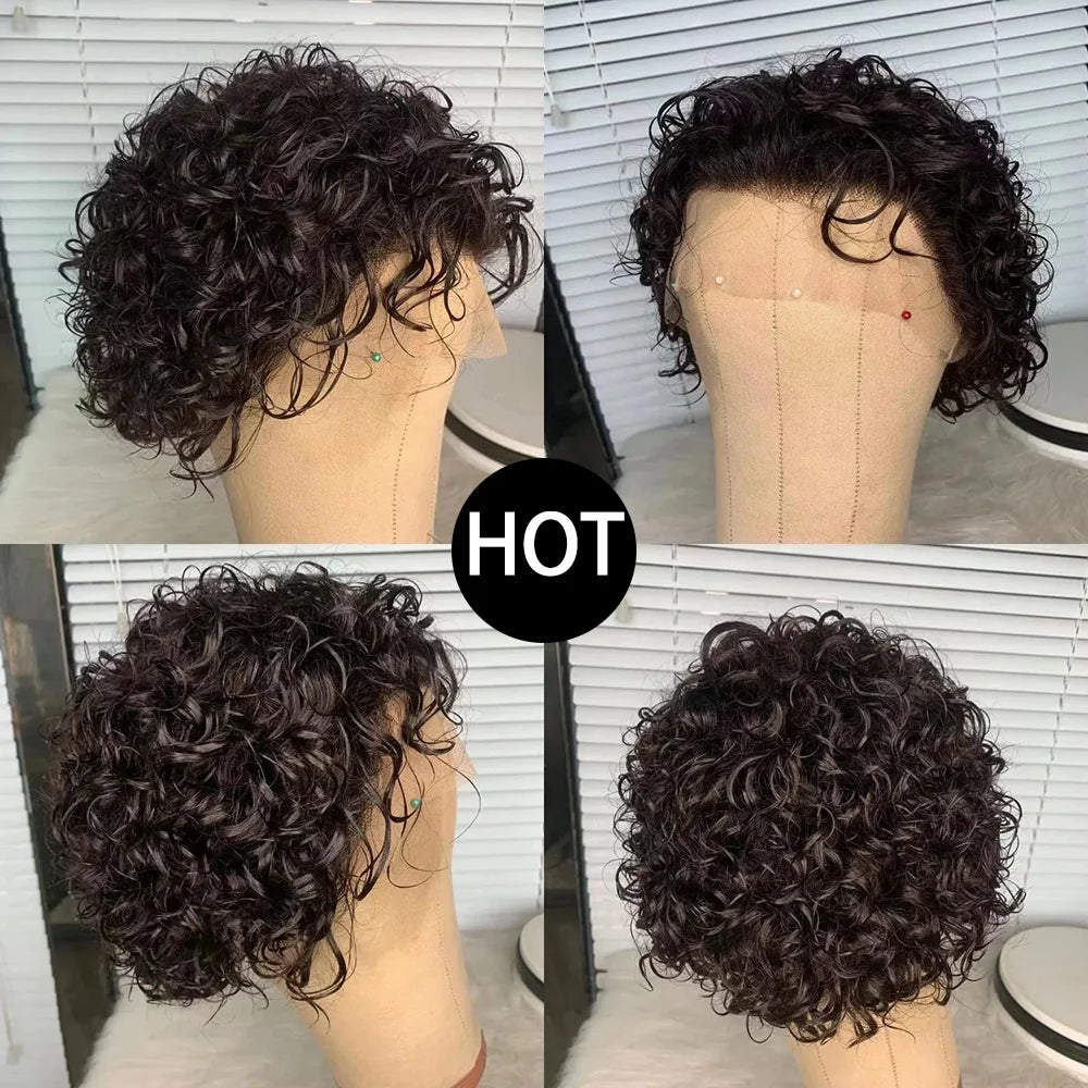 Pixie Cut Wig Colored Lace Wig curl Short Bob Human Hair Cheap Wig 13x1 Lace frontal