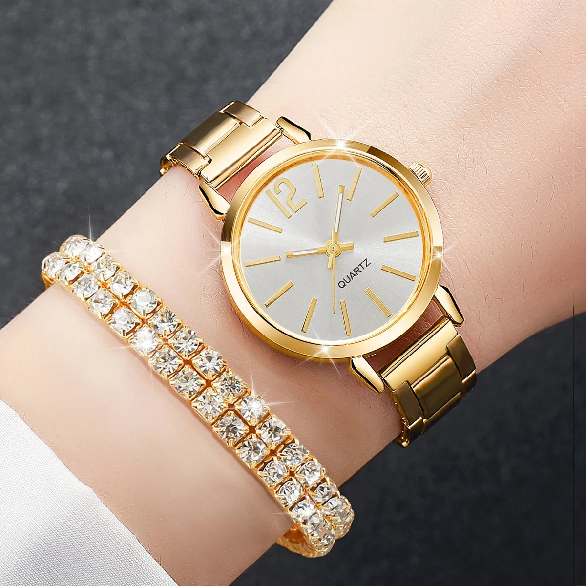 6PCS/Set Women's Watch Fashion Steel Band Quartz Watches Diamond Bracelets Set(Without Box)