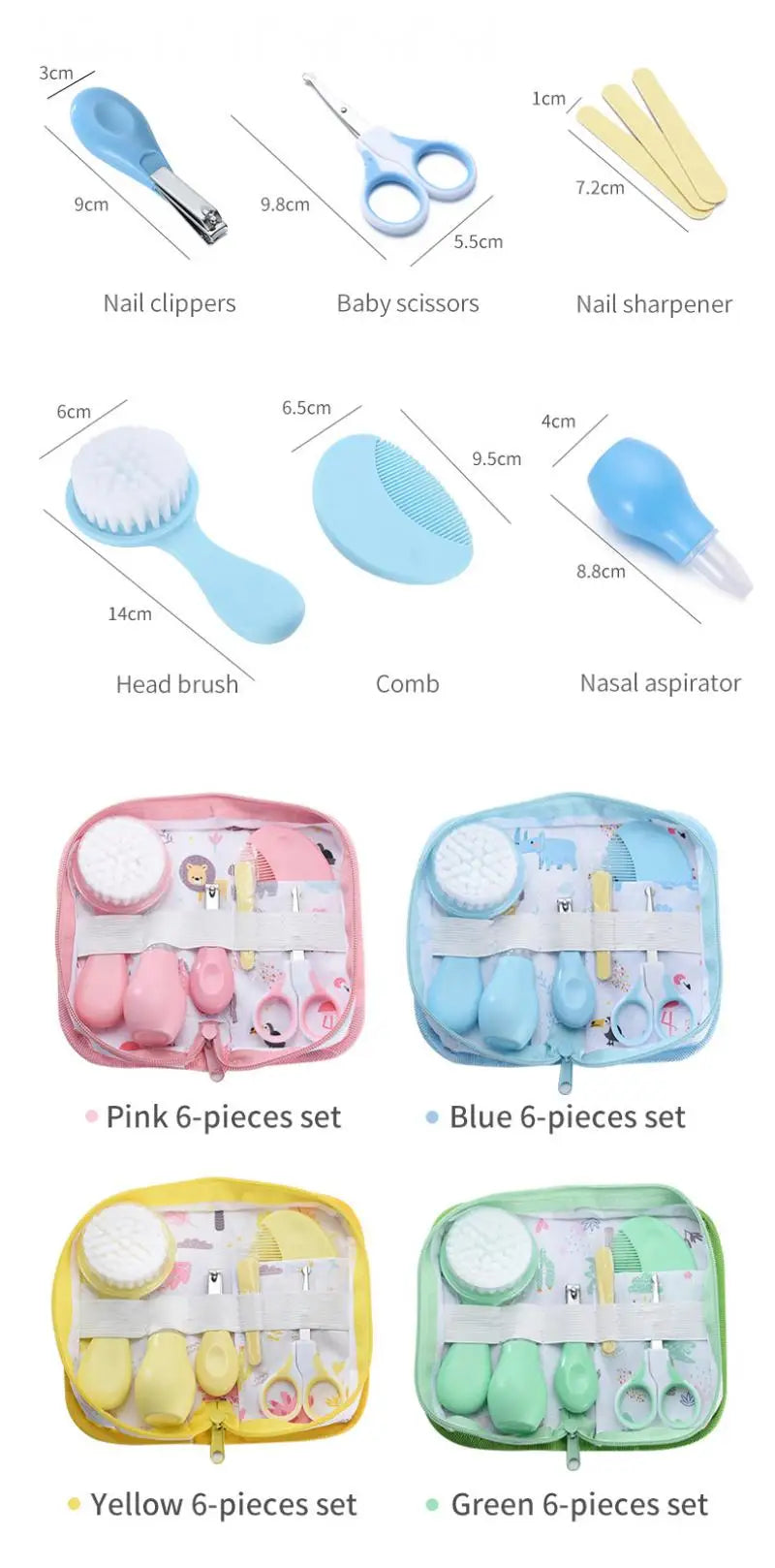 6Pcs Baby Care Kit+Storage Bag Nasal Aspirator Nail Scissors Hair Comb Brush Cleaning Tools Set Newborn Gift Kids Healthcare Kit