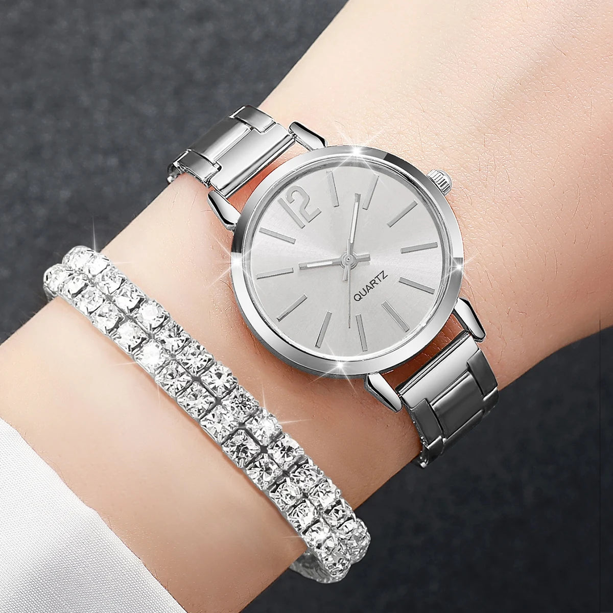 6PCS/Set Women's Watch Fashion Steel Band Quartz Watches Diamond Bracelets Set(Without Box)