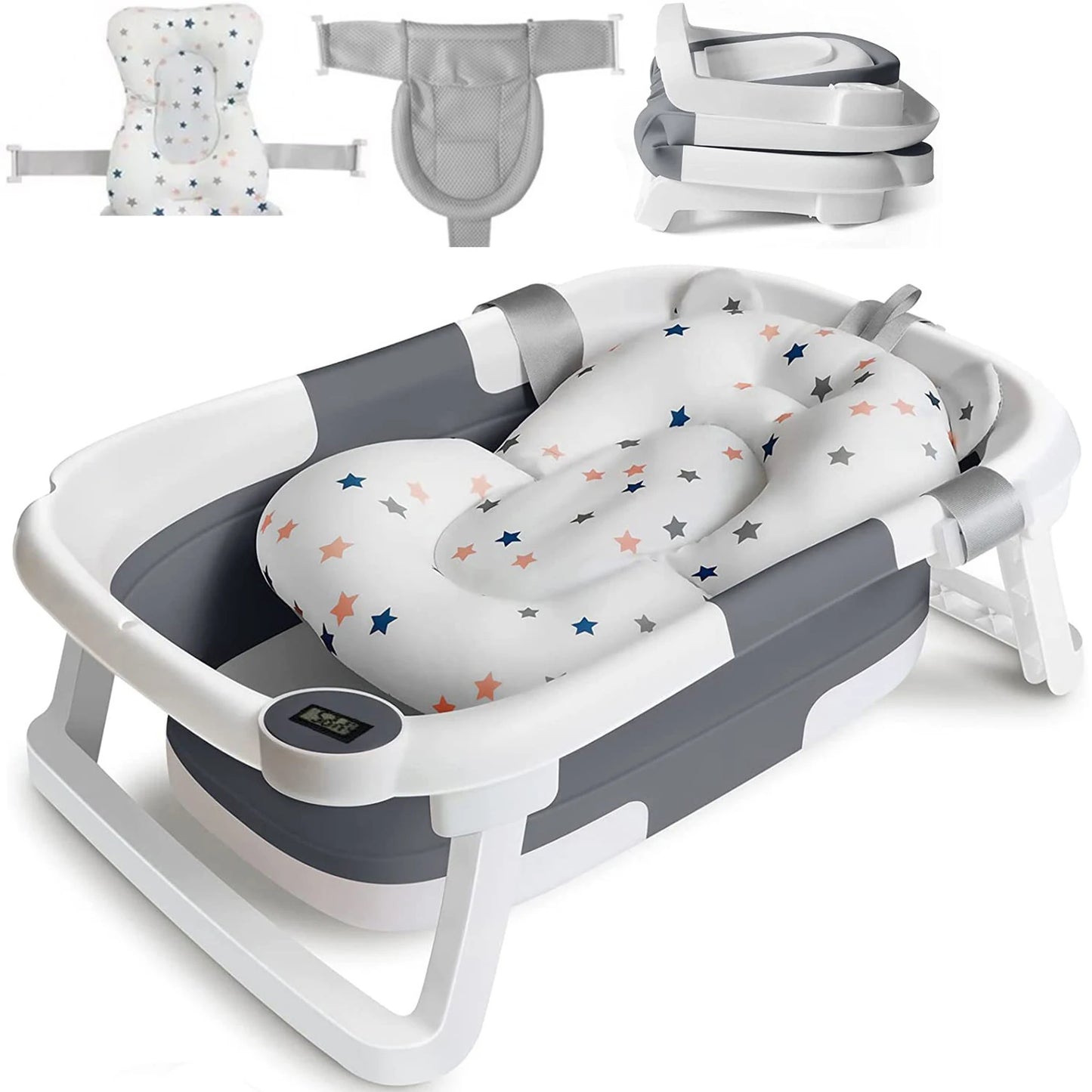 Baby Bath Tub with Bath Cushion Foldable Bathtub with Thermometer Shower Cap Shower Brush for Newborn and Toddler 0-36 Months