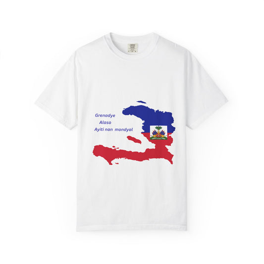 Copy of Haiti Map T-Shirt — Grenadye, Aleso, Ayiti nan mondyal Haitian Pride Tee