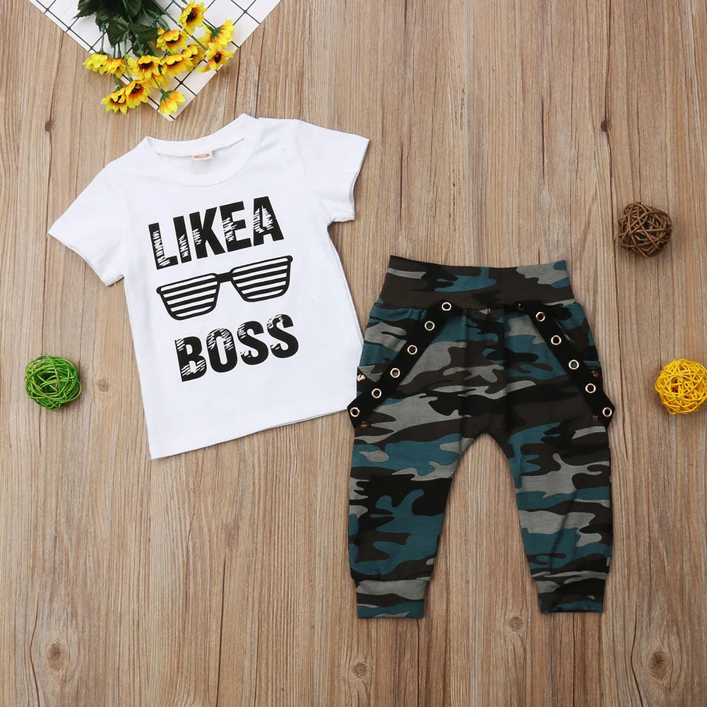Newborn Baby Boys Clothes Toddler Kids Short Sleeve Letter T-shirt Camo Pants 2Pcs Outfits Set Baby's Clothing