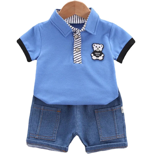 Baby Boys Clothing Sets Korean Style Outfit for Kids Cartoon Short Sleeve Tops+ Denim Shorts Baby Boy Clothes