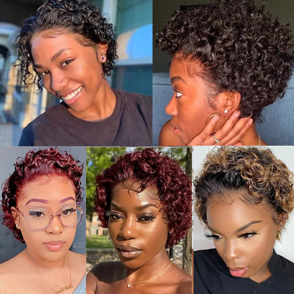 Pixie Cut Wig Colored Lace Wig curl Short Bob Human Hair Cheap Wig 13x1 Lace frontal