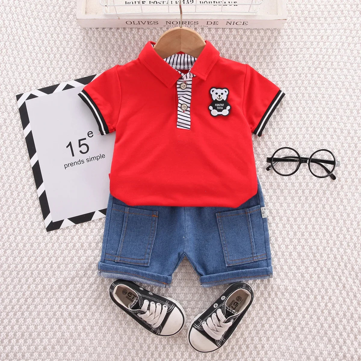 Baby Boys Clothing Sets Korean Style Outfit for Kids Cartoon Short Sleeve Tops+ Denim Shorts Baby Boy Clothes