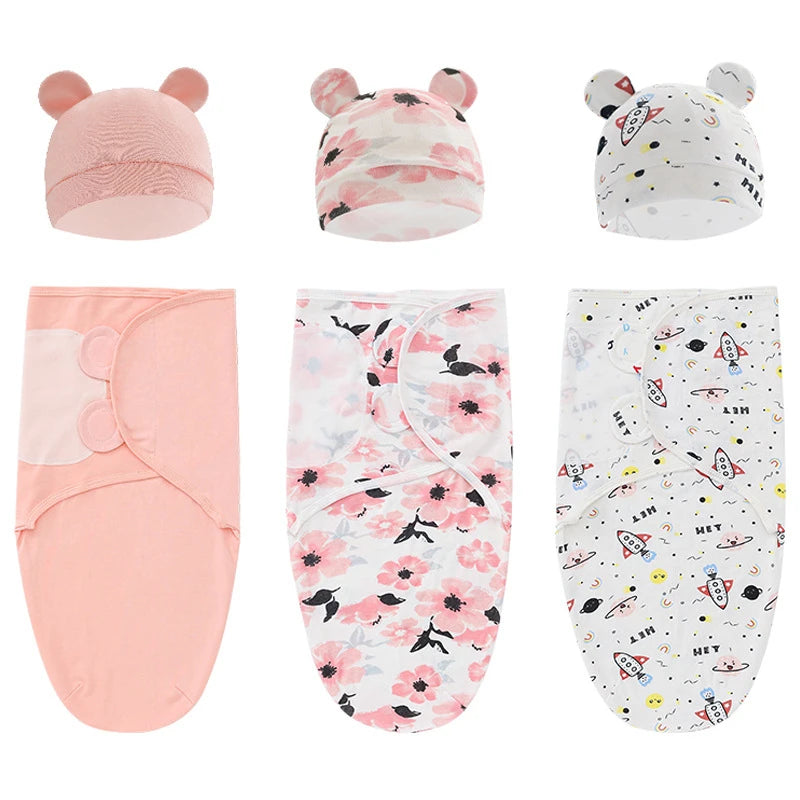 Muslin Newborn Sleeping Bag Hat Set Cotton Baby Swaddle Blanket Wrap Adjustable New Born Sleep Sack Infant Sleepwear 0-6M