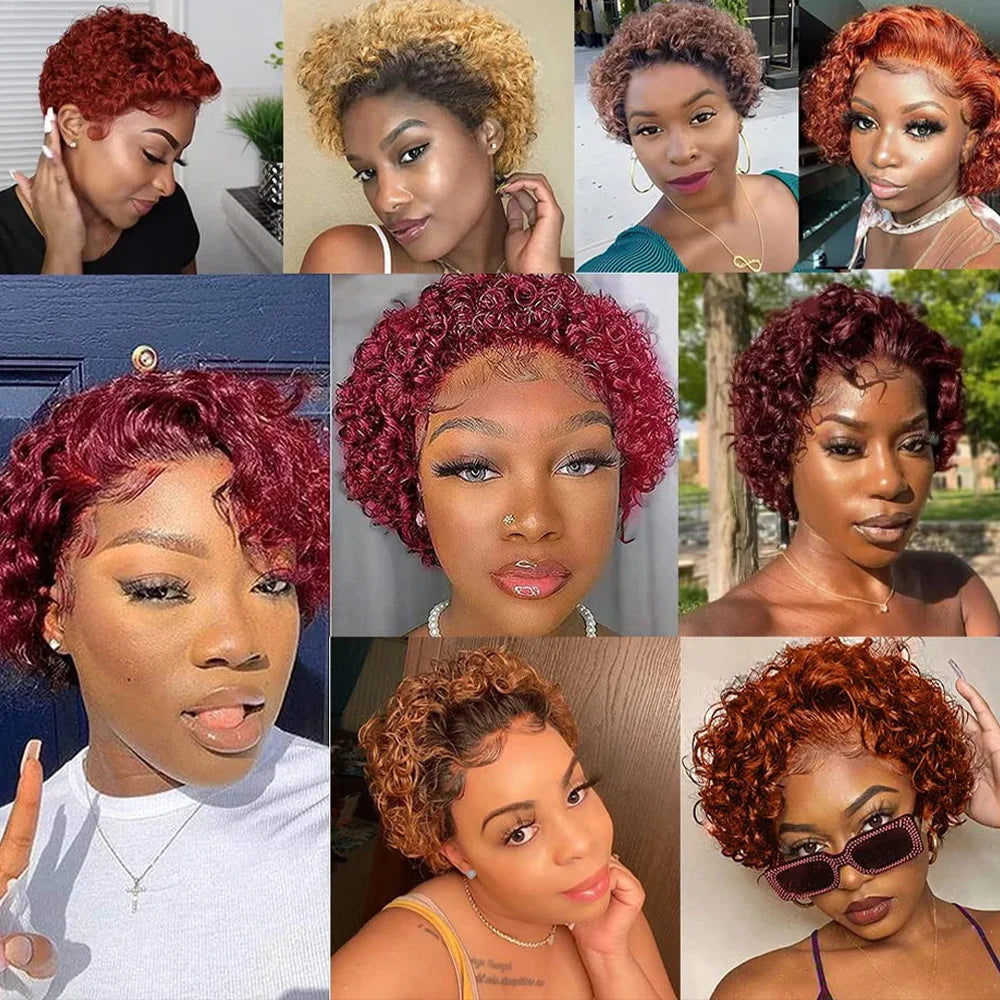 Pixie Cut Wig Colored Lace Wig curl Short Bob Human Hair Cheap Wig 13x1 Lace frontal