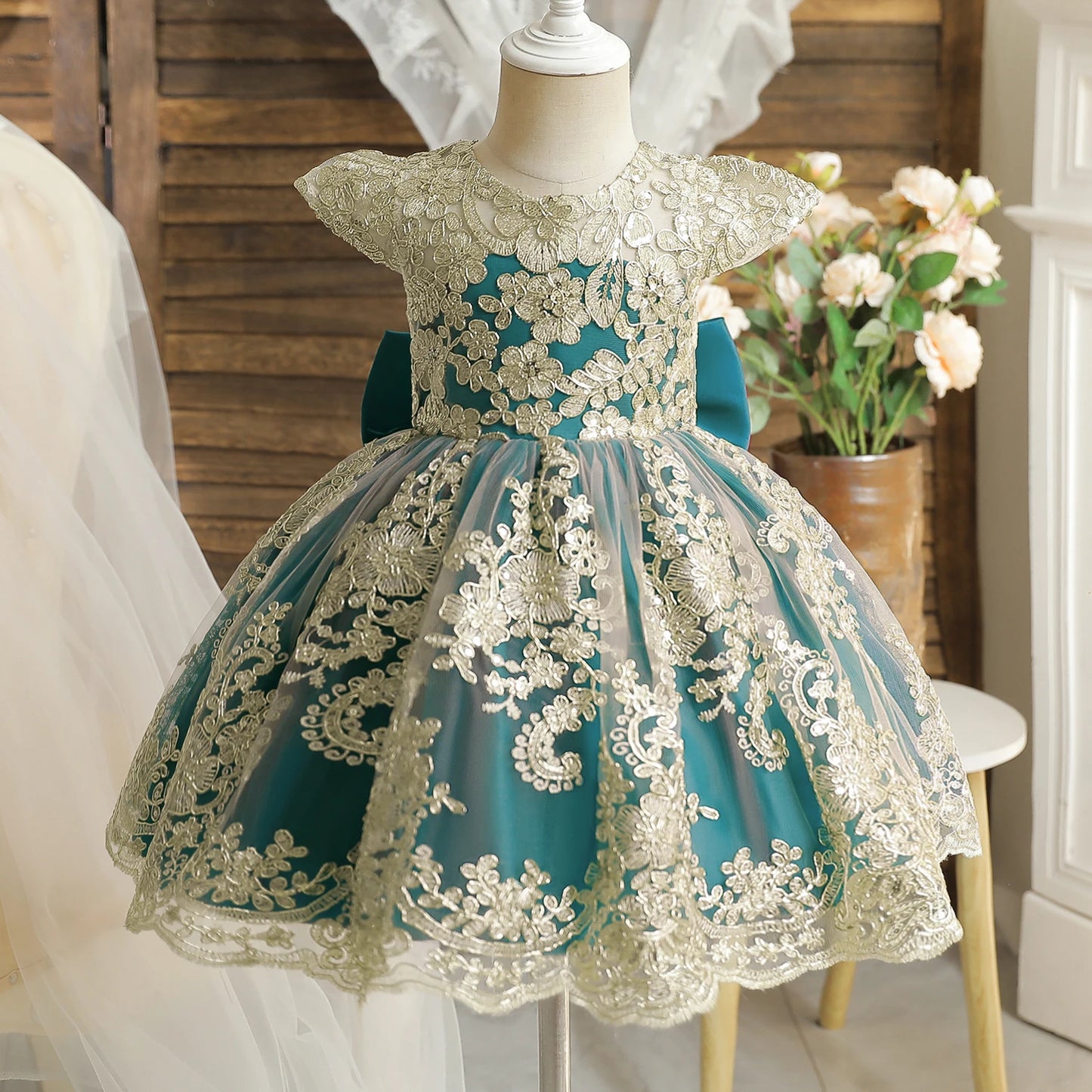 Toddler Baby Girls Lace Dresses Embroidery Elegant Christmas Princess Dresses for 1-5 Yrs Newborn Infant Outfits Green Christmas