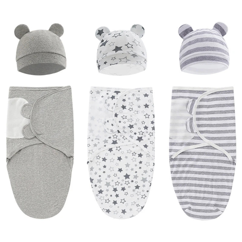 Muslin Newborn Sleeping Bag Hat Set Cotton Baby Swaddle Blanket Wrap Adjustable New Born Sleep Sack Infant Sleepwear 0-6M