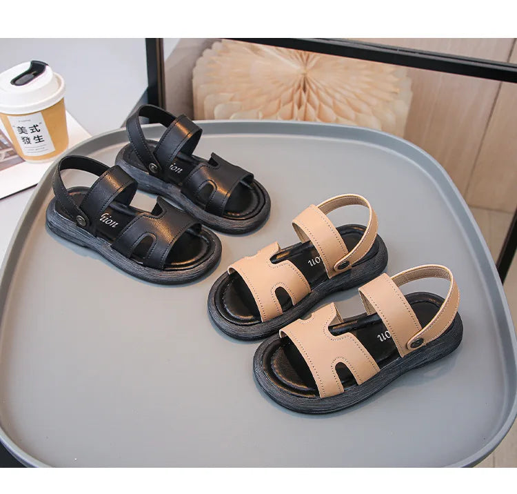 Boys Sandals Retro Non-slip Soft Sole Kids Casual Shoes Soild Color Versatile 2025 Summer Children Beach Shoes Open Toes Trendy