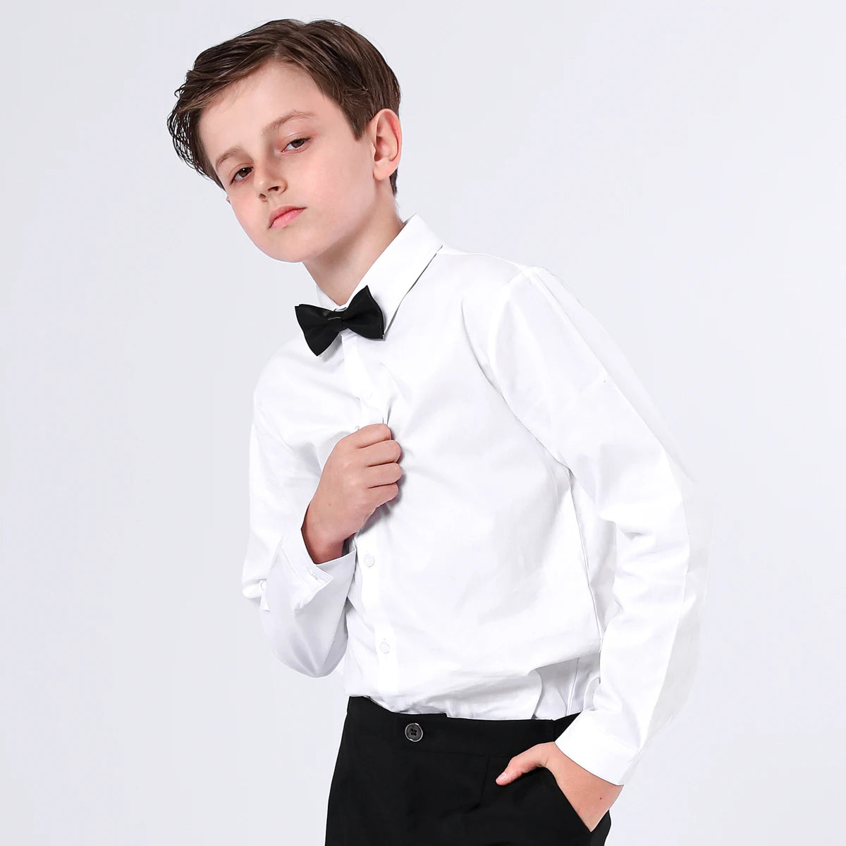 Boys Dress Shirt Kids School Uniform Long Sleeve with Bowtie Formal Gentleman Gift Perform Ceremony Clothes White 6 to 14 years