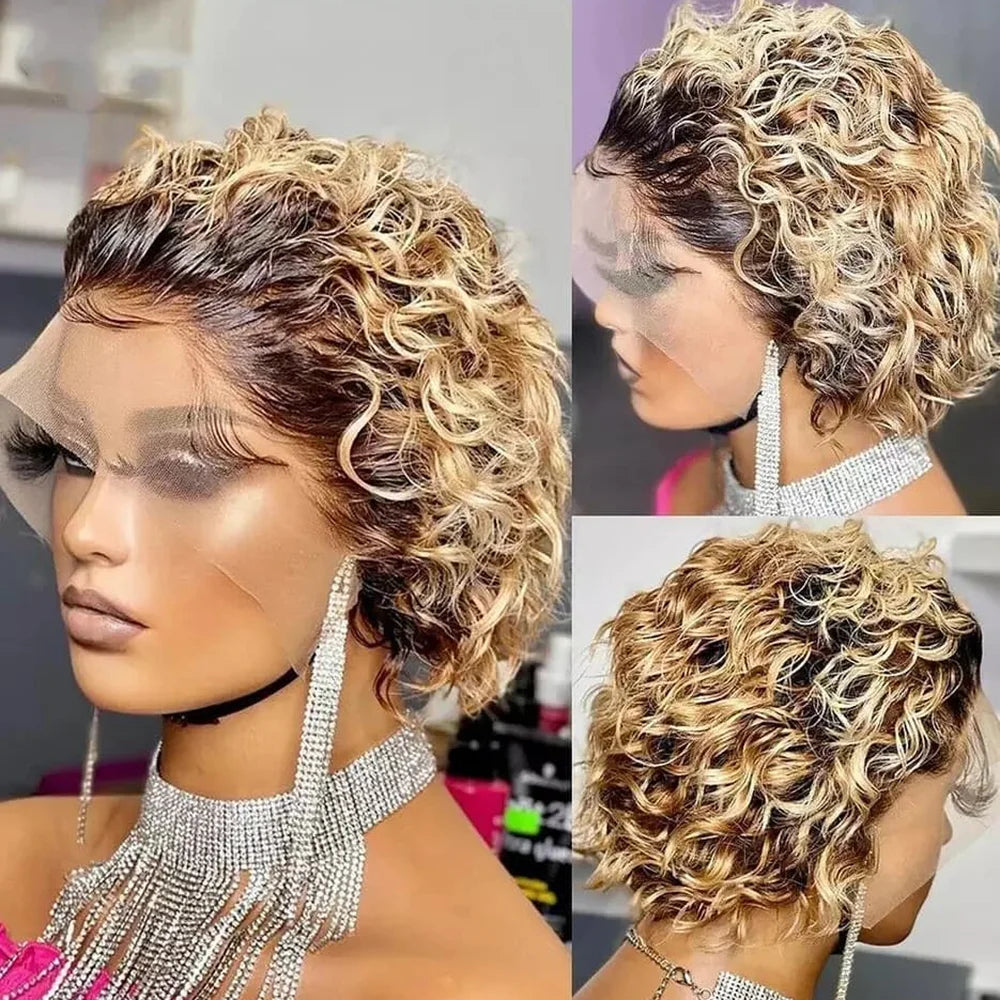 Pixie Cut Wig Colored Lace Wig curl Short Bob Human Hair Cheap Wig 13x1 Lace frontal