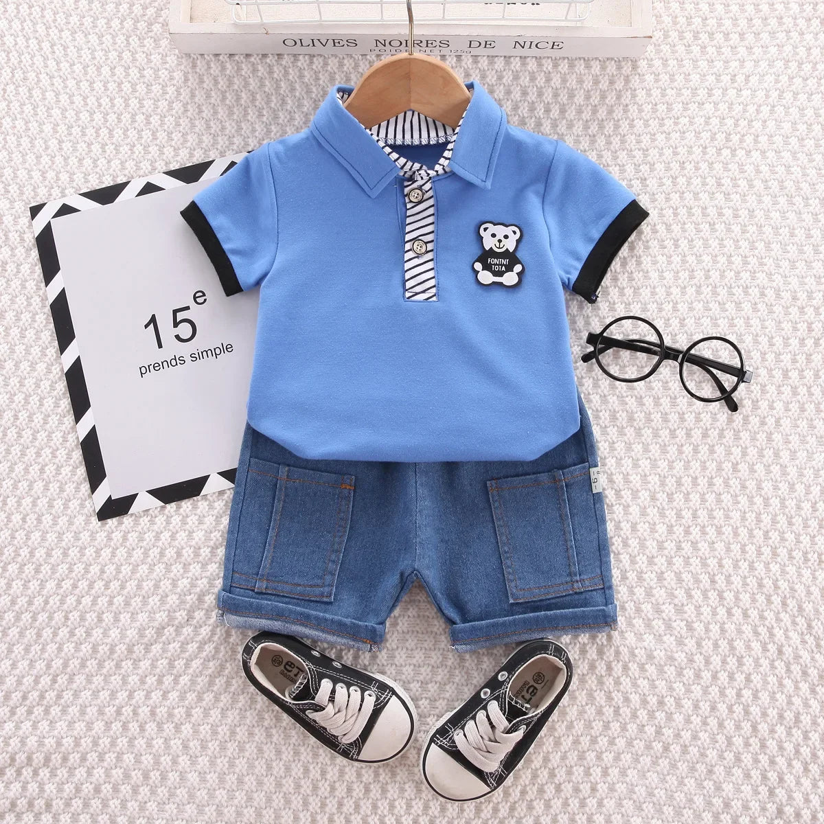 Baby Boys Clothing Sets Korean Style Outfit for Kids Cartoon Short Sleeve Tops+ Denim Shorts Baby Boy Clothes