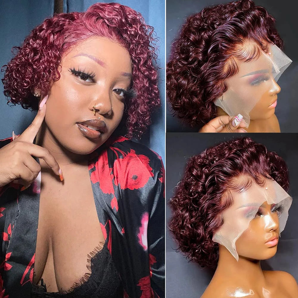 Pixie Cut Wig Colored Lace Wig curl Short Bob Human Hair Cheap Wig 13x1 Lace frontal