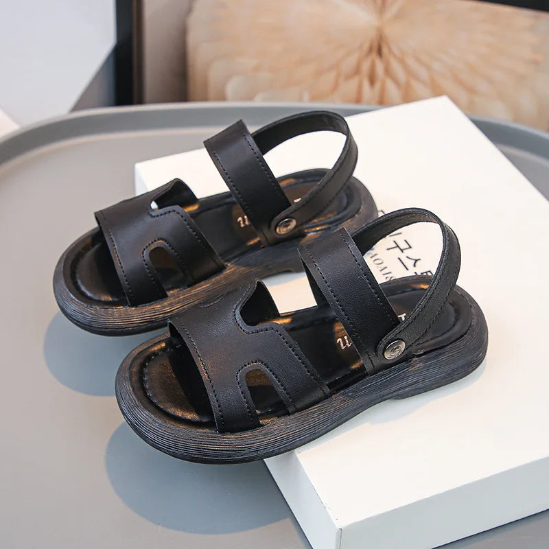 Boys Sandals Retro Non-slip Soft Sole Kids Casual Shoes Soild Color Versatile 2025 Summer Children Beach Shoes Open Toes Trendy