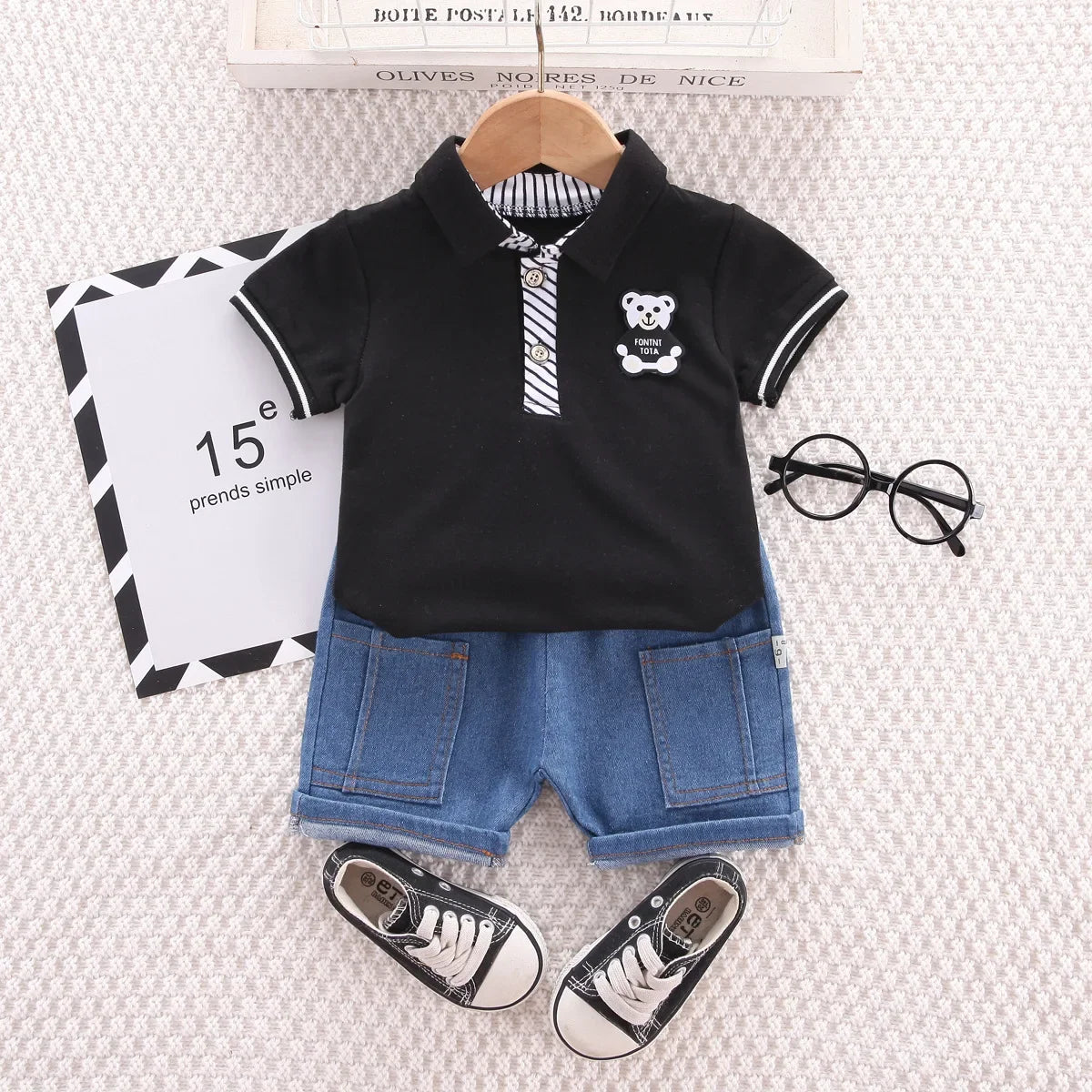 Baby Boys Clothing Sets Korean Style Outfit for Kids Cartoon Short Sleeve Tops+ Denim Shorts Baby Boy Clothes