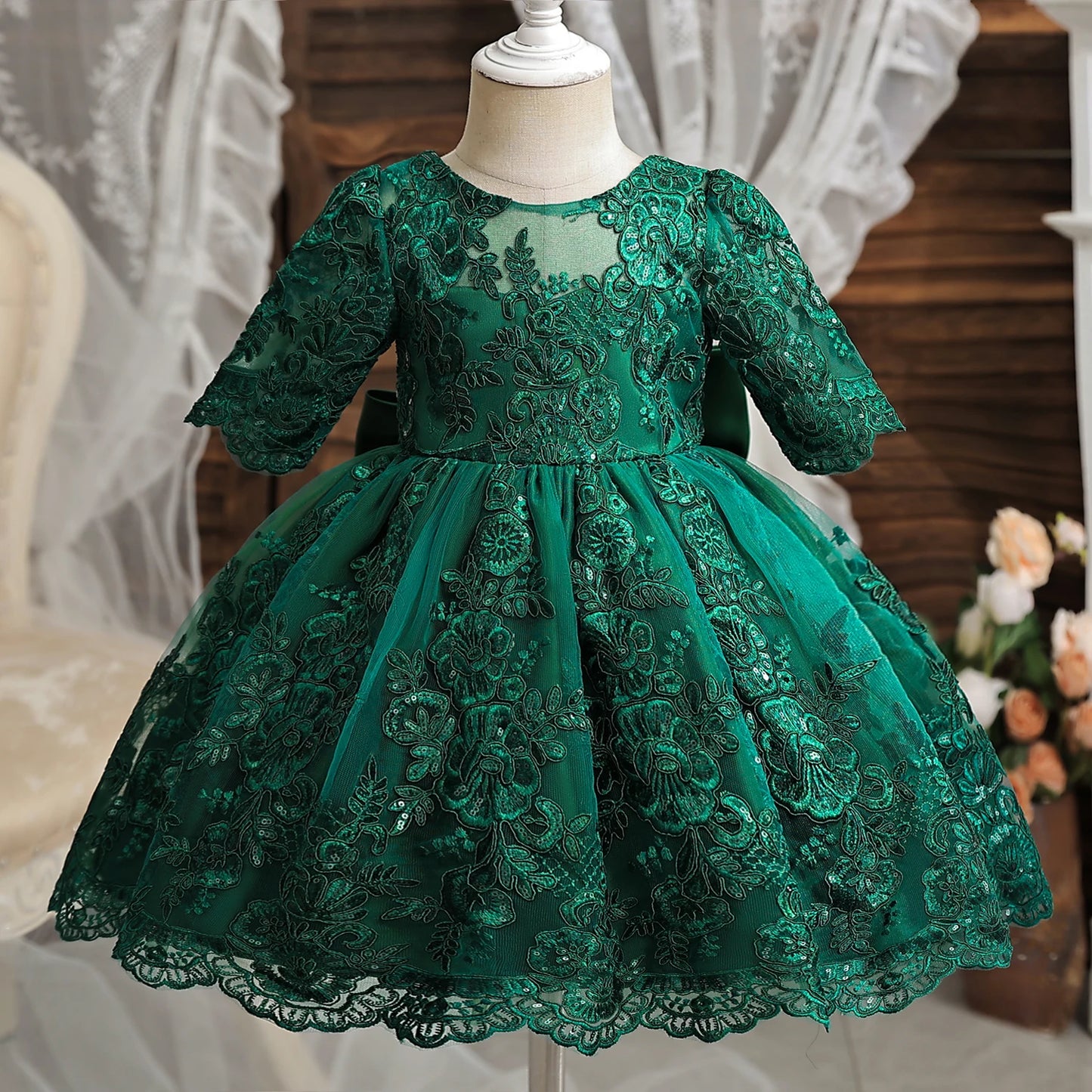 Toddler Baby Girls Lace Dresses Embroidery Elegant Christmas Princess Dresses for 1-5 Yrs Newborn Infant Outfits Green Christmas