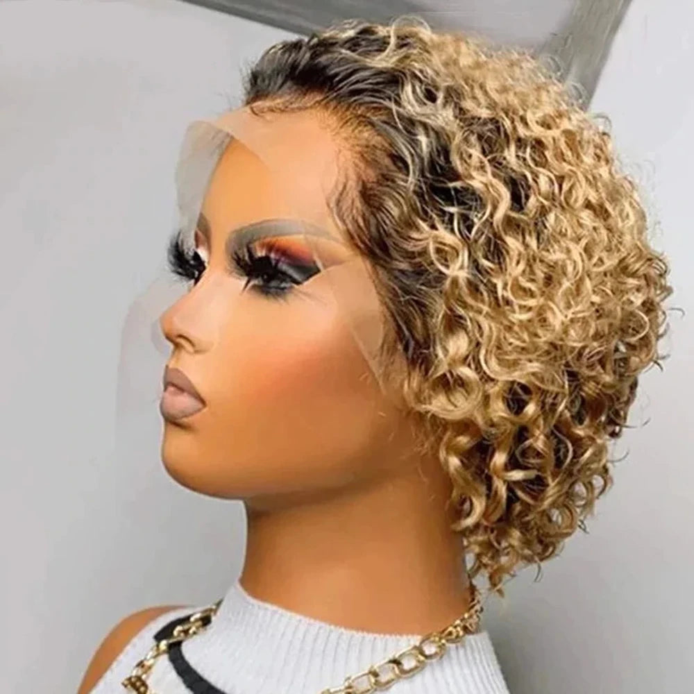 Pixie Cut Wig Colored Lace Wig curl Short Bob Human Hair Cheap Wig 13x1 Lace frontal