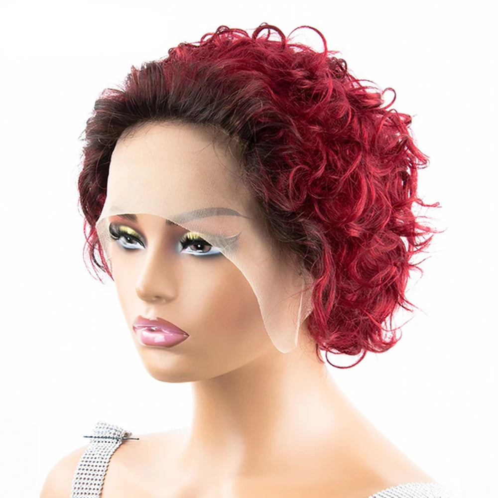 Pixie Cut Wig Colored Lace Wig curl Short Bob Human Hair Cheap Wig 13x1 Lace frontal