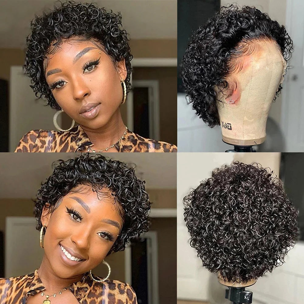 Pixie Cut Wig Colored Lace Wig curl Short Bob Human Hair Cheap Wig 13x1 Lace frontal