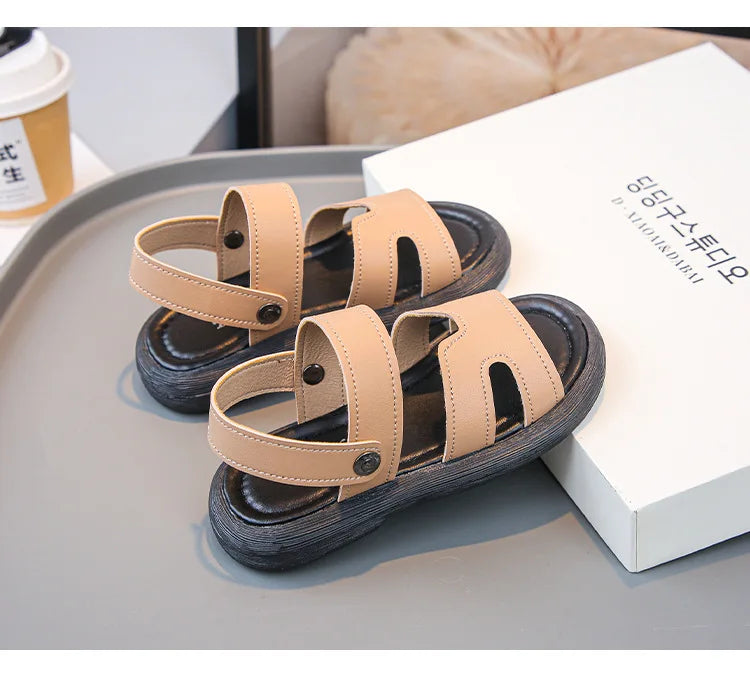 Boys Sandals Retro Non-slip Soft Sole Kids Casual Shoes Soild Color Versatile 2025 Summer Children Beach Shoes Open Toes Trendy
