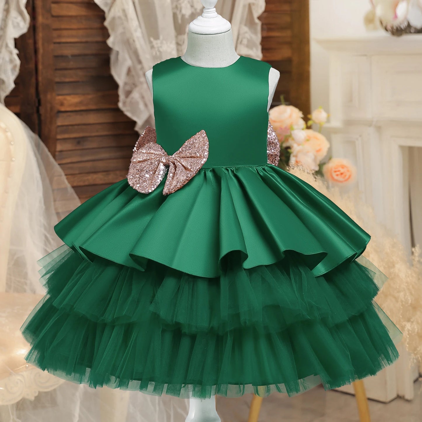 Toddler Baby Girls Lace Dresses Embroidery Elegant Christmas Princess Dresses for 1-5 Yrs Newborn Infant Outfits Green Christmas