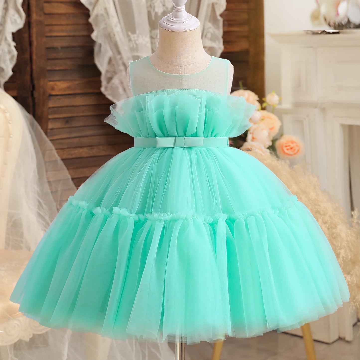 Toddler Baby Girls Lace Dresses Embroidery Elegant Christmas Princess Dresses for 1-5 Yrs Newborn Infant Outfits Green Christmas