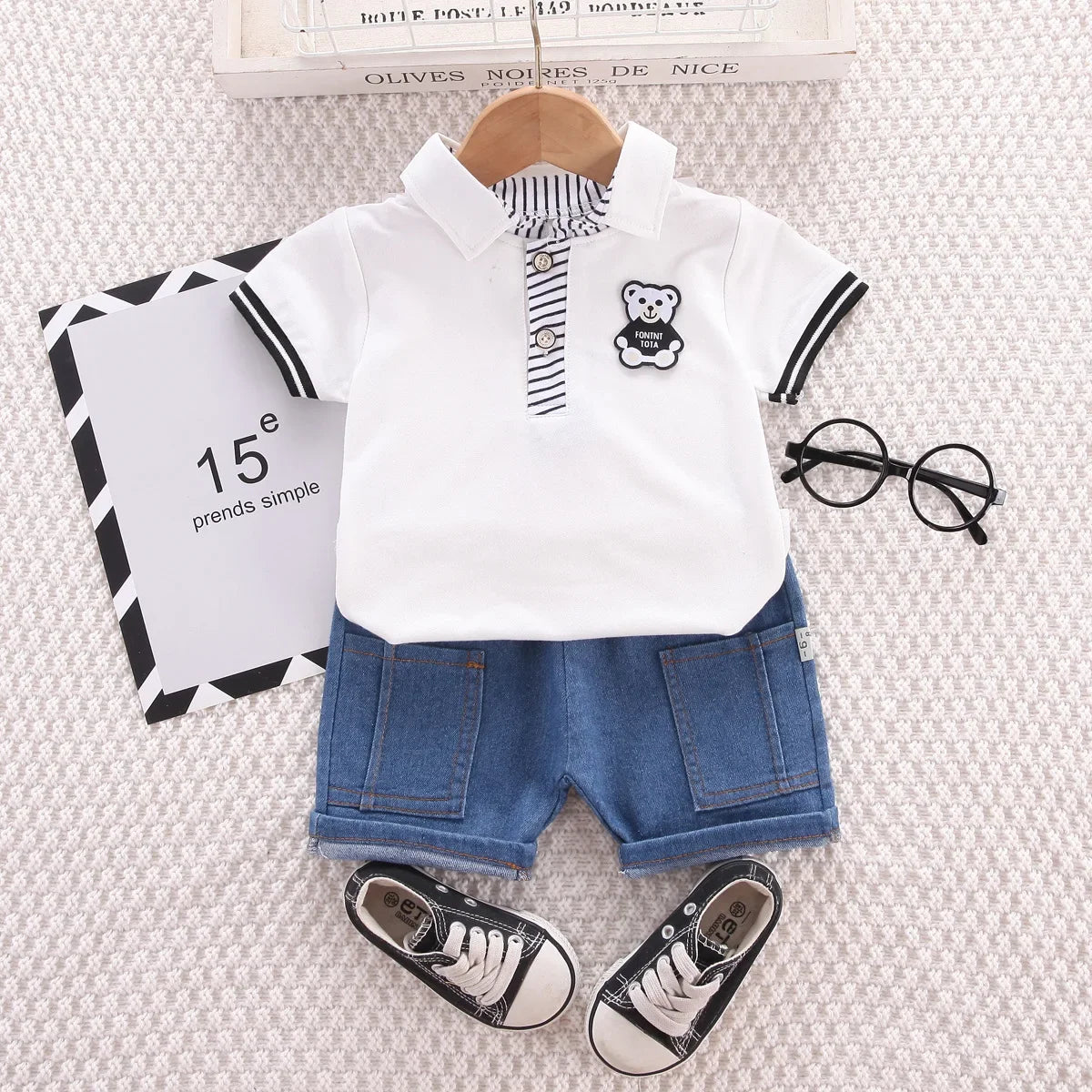 Baby Boys Clothing Sets Korean Style Outfit for Kids Cartoon Short Sleeve Tops+ Denim Shorts Baby Boy Clothes